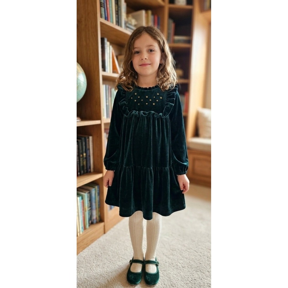 John Lewis Heirloom Green Velvet Star Embroidered Ruffle Dress 18-24‎ Months